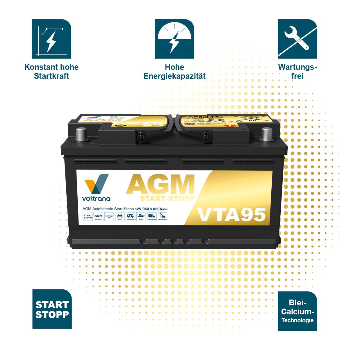 Voltrana AGM Autobatterie Start-Stopp 95Ah 12V 850A VTA95