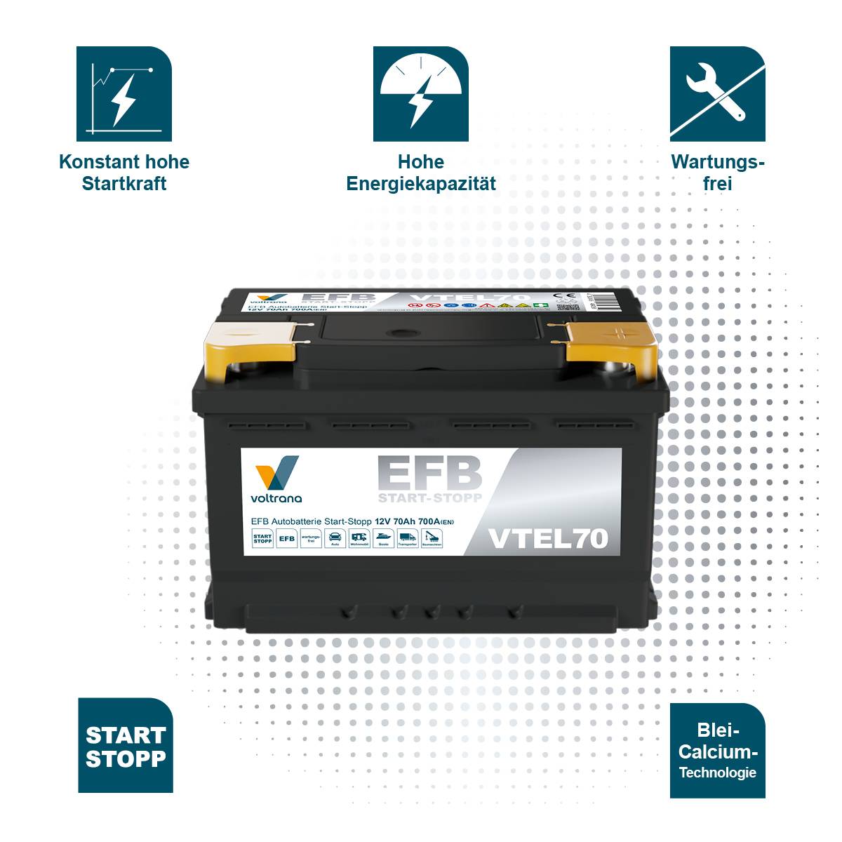Voltrana EFB Autobatterie Start-Stopp 70Ah 12V 700A VTEL70
