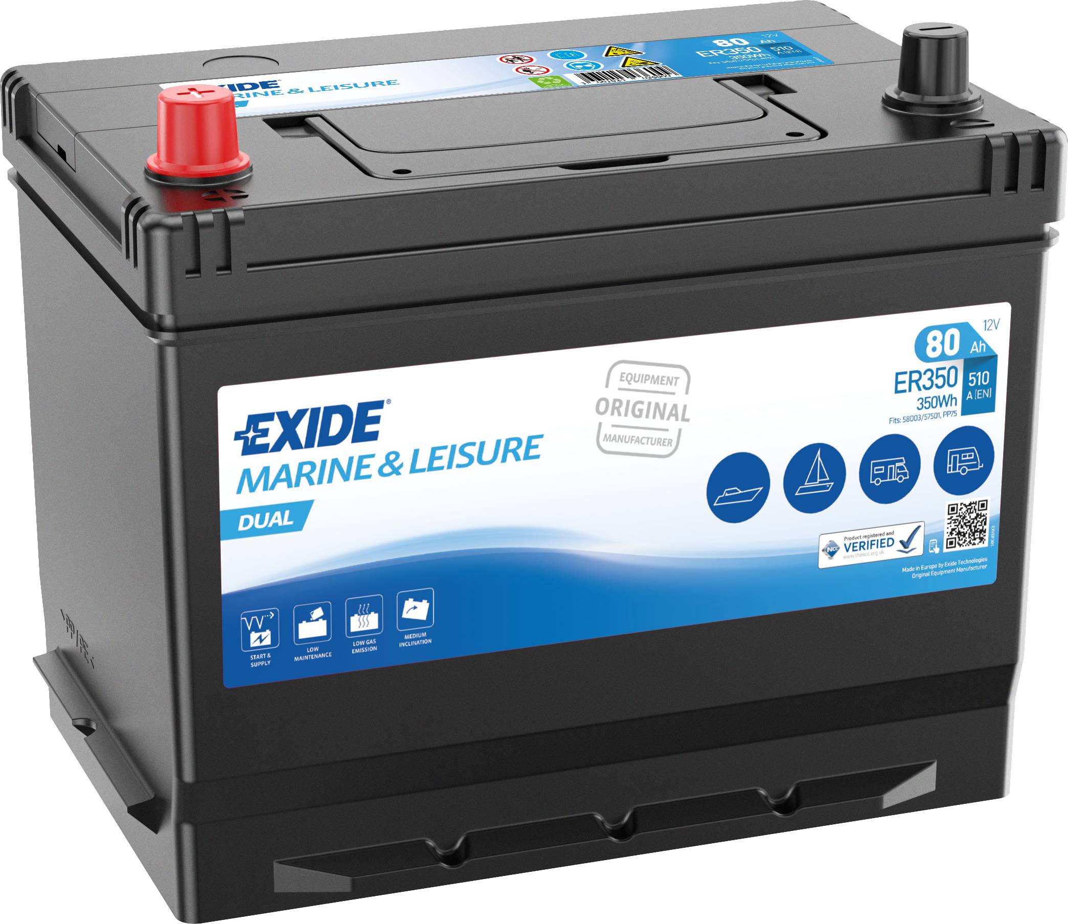 Exide ER350 Dual Versorgungsbatterie Starterbatterie 12V 80Ah 350Wh
