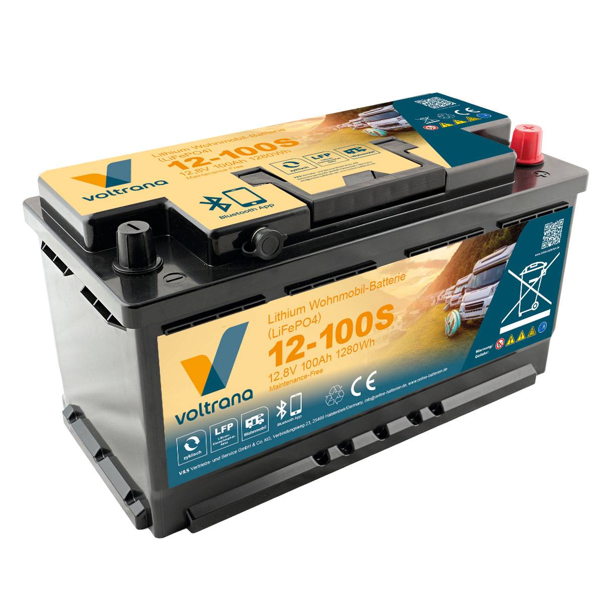 Lithium Wohnmobil-Batterie 12,8V 100Ah 1280Wh AP mit Bluetooth & Heizung – Voltrana LiFePO4 Versorgungsbatterie