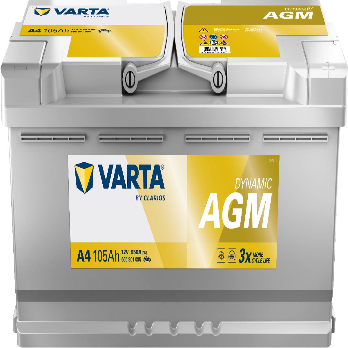 VARTA A4 Silver Dynamic AGM 12V 105Ah 950A Autobatterie Start-Stop 605 901 095