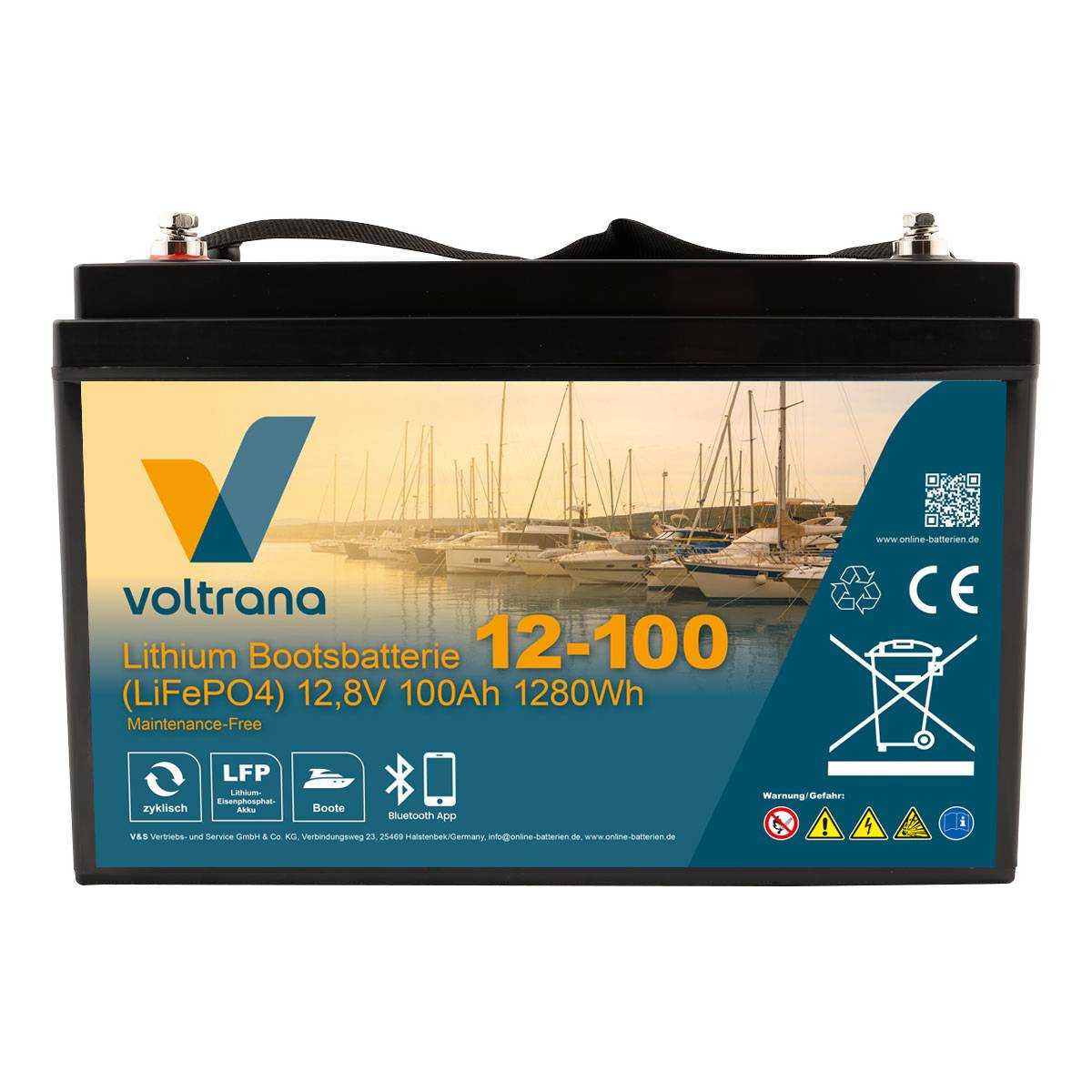Lithium Bootsbatterie 12,8V 100Ah 1280Wh M8 mit Bluetooth & Heizung – Voltrana LiFePO4  Versorgungsbatterie