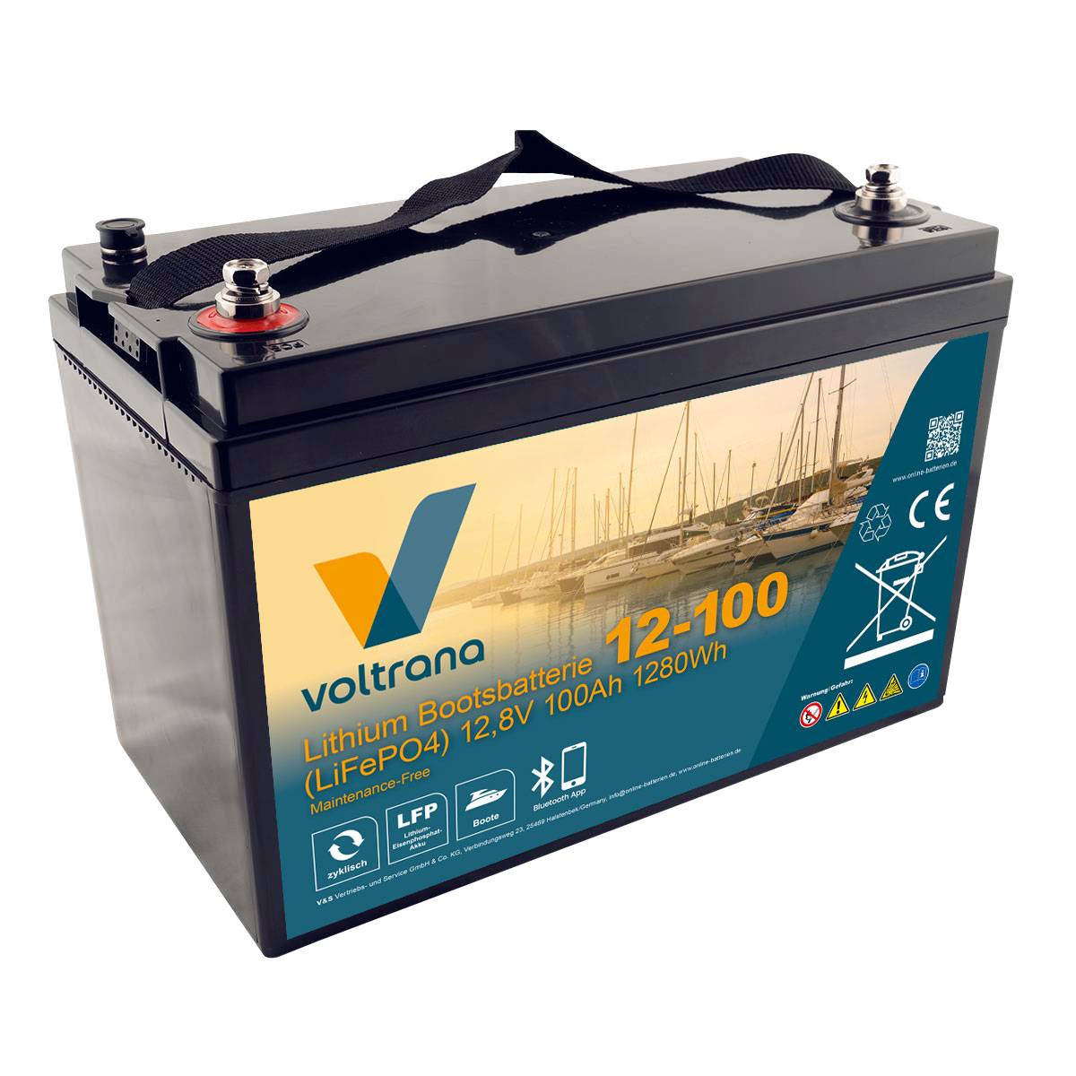 Lithium Bootsbatterie 12,8V 100Ah 1280Wh M8 mit Bluetooth & Heizung – Voltrana LiFePO4  Versorgungsbatterie