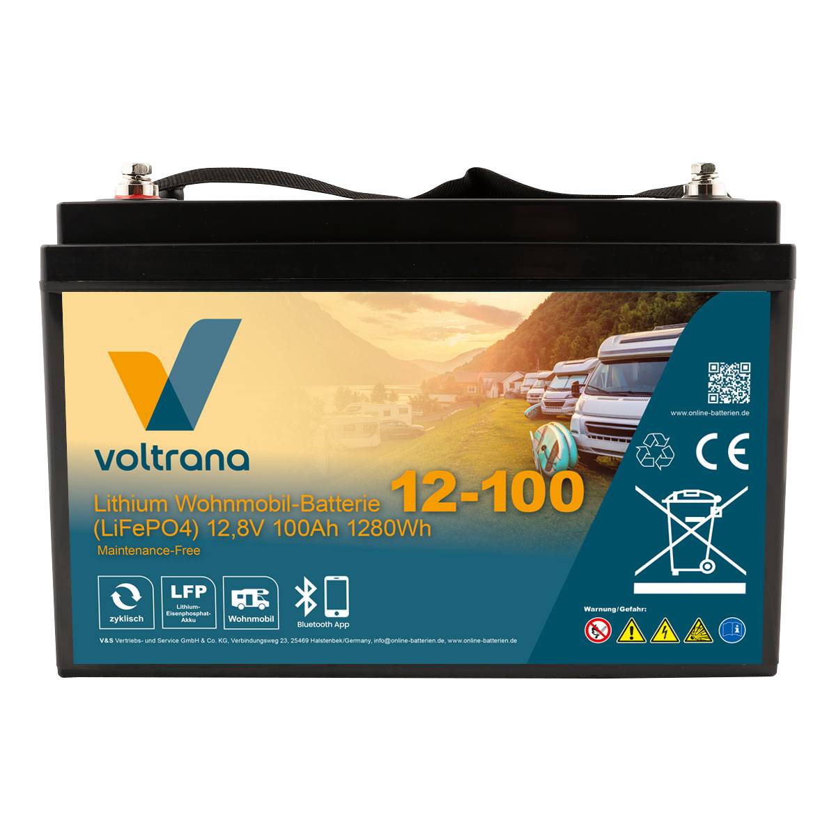 Lithium Wohnmobil-Batterie 12,8V 100Ah 1280Wh M8 mit Bluetooth & Heizung – Voltrana LiFePO4 Versorgungsbatterie