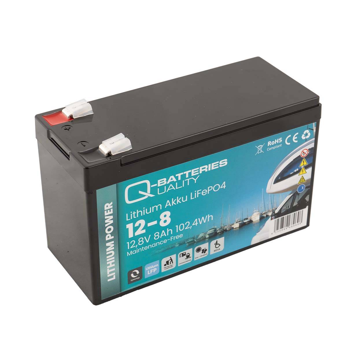 Q-Batteries Lithium Akku 12-8 12,8V 8Ah 102,4Wh LiFePO4 Batterie  