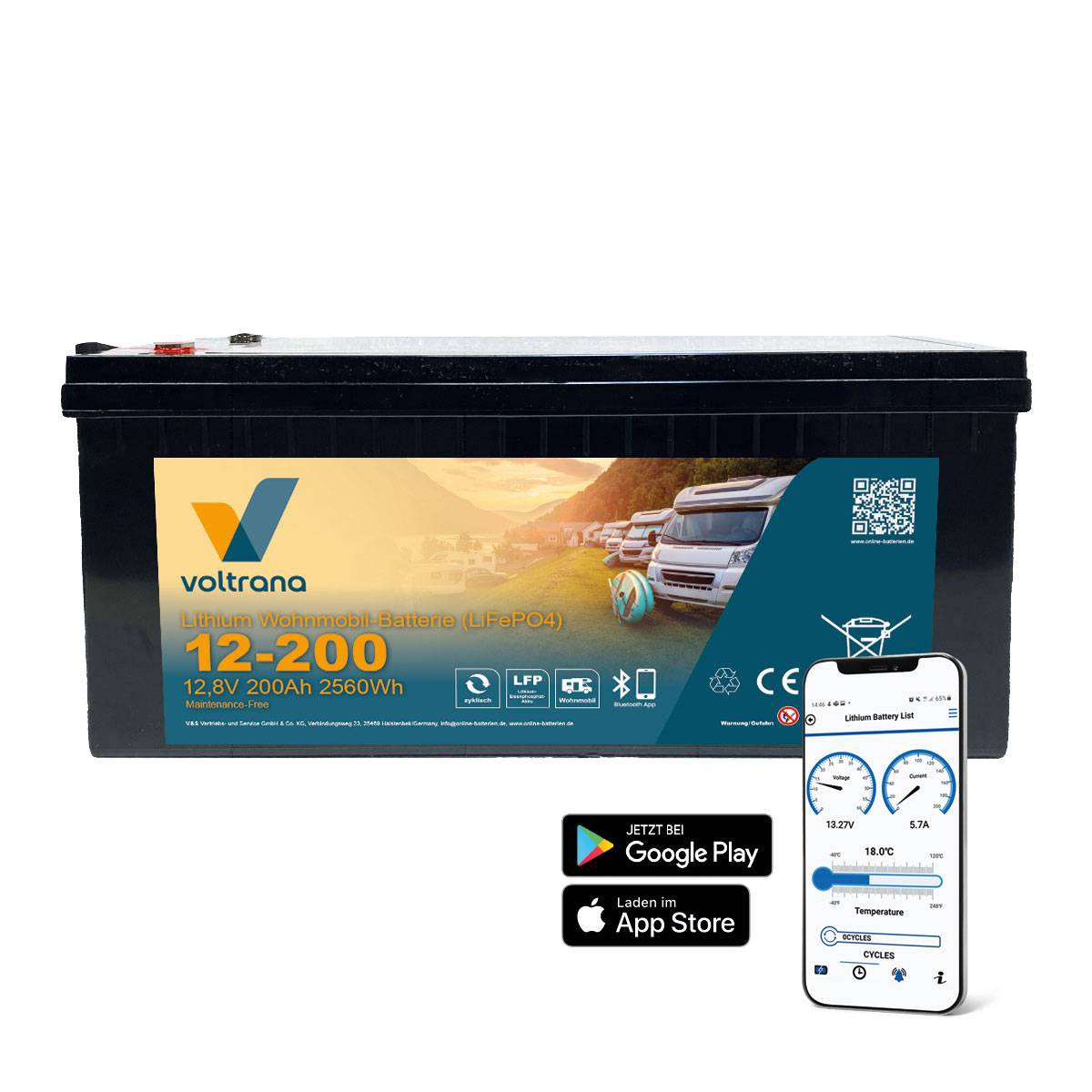 Lithium Wohnmobil-Batterie 12,8V 200Ah 2560Wh M8 mit Bluetooth & Heizung – Voltrana LiFePO4 Versorgungsbatterie