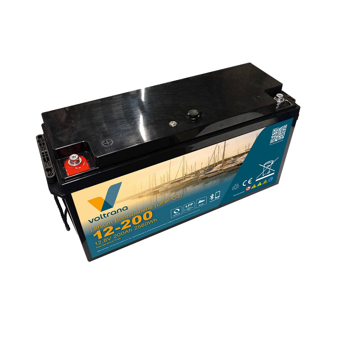 Lithium Bootsbatterie 12,8V 200Ah 2560Wh M8 mit Bluetooth & Heizung – Voltrana LiFePO4  Versorgungsbatterie