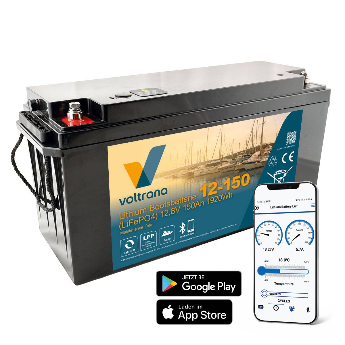 Lithium Bootsbatterie 12,8V 150Ah 1920Wh M8 mit Bluetooth & Heizung – Voltrana LiFePO4  Versorgungsbatterie