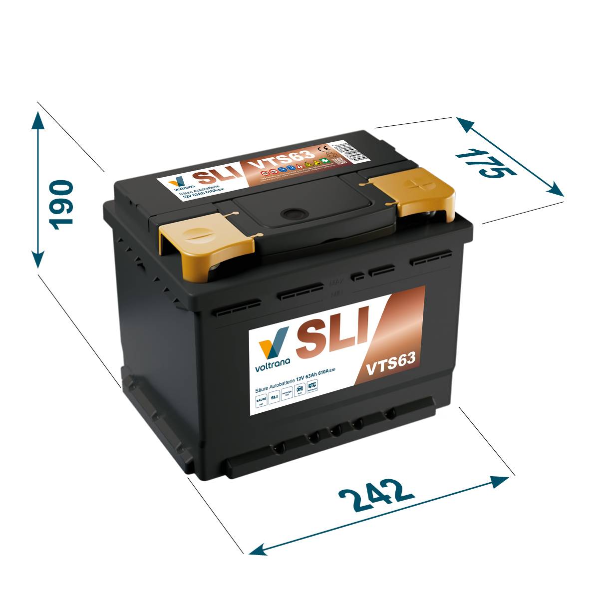 Voltrana Säure SLI Autobatterie 63Ah 12V 610A VTS63