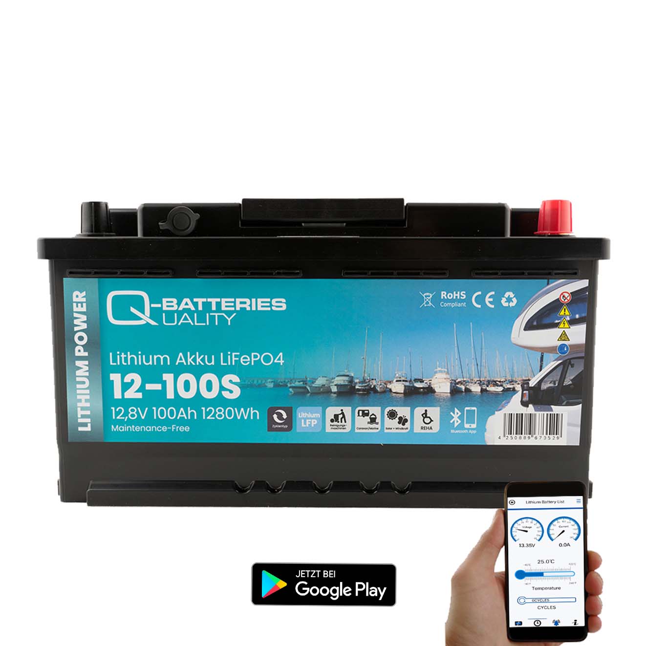 Q-Batteries Lithium Akku 12-100S 12,8V 100Ah 1280Wh LiFePO4 Batterie mit Victron Orion Ladegerät