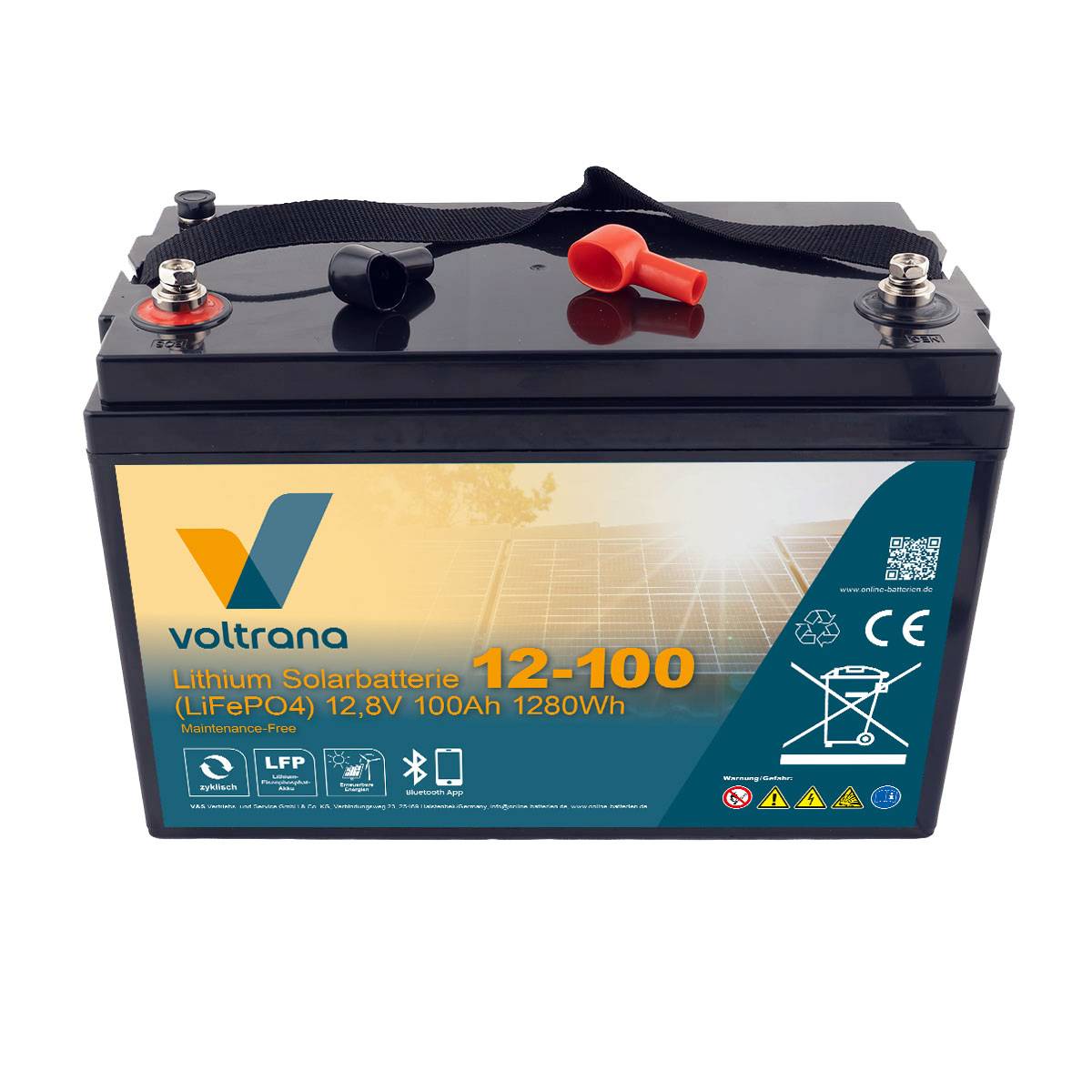 Lithium Solarbatterie 12,8V 100Ah 1280Wh M8 mit Bluetooth & Heizung – Voltrana LiFePO4  Versorgungsbatterie