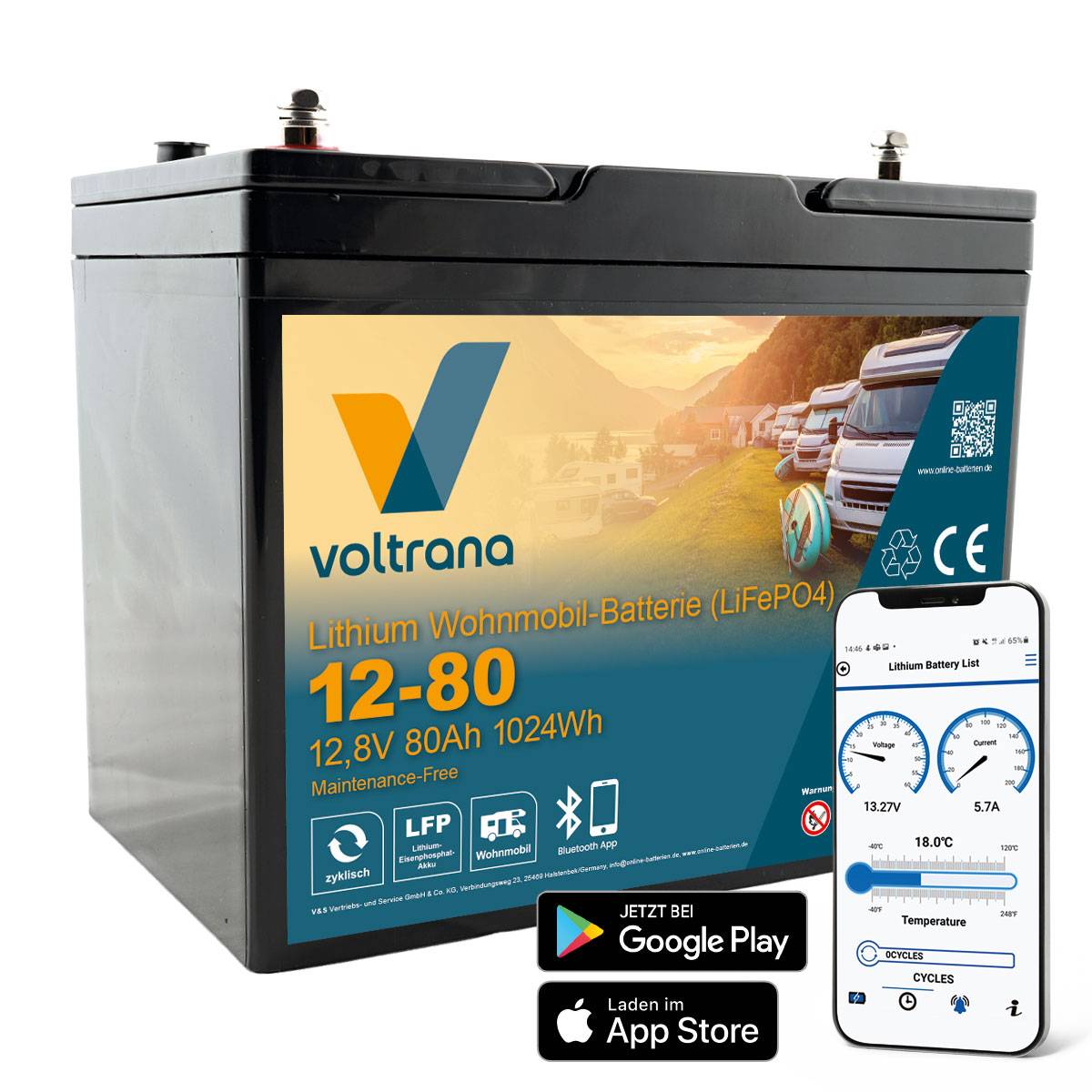 Lithium Wohnmobil-Batterie 12,8V 80Ah 1024Wh M8 mit Bluetooth – Voltrana LiFePO4  Versorgungsbatterie