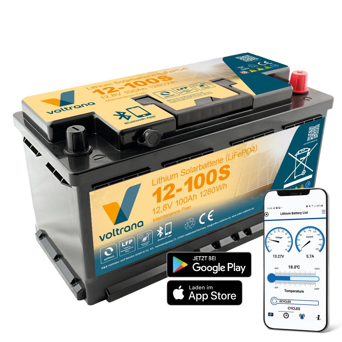 Lithium Solarbatterie 12,8V 100Ah 1280Wh AP mit Bluetooth & Heizung – Voltrana LiFePO4 Versorgungsbatterie