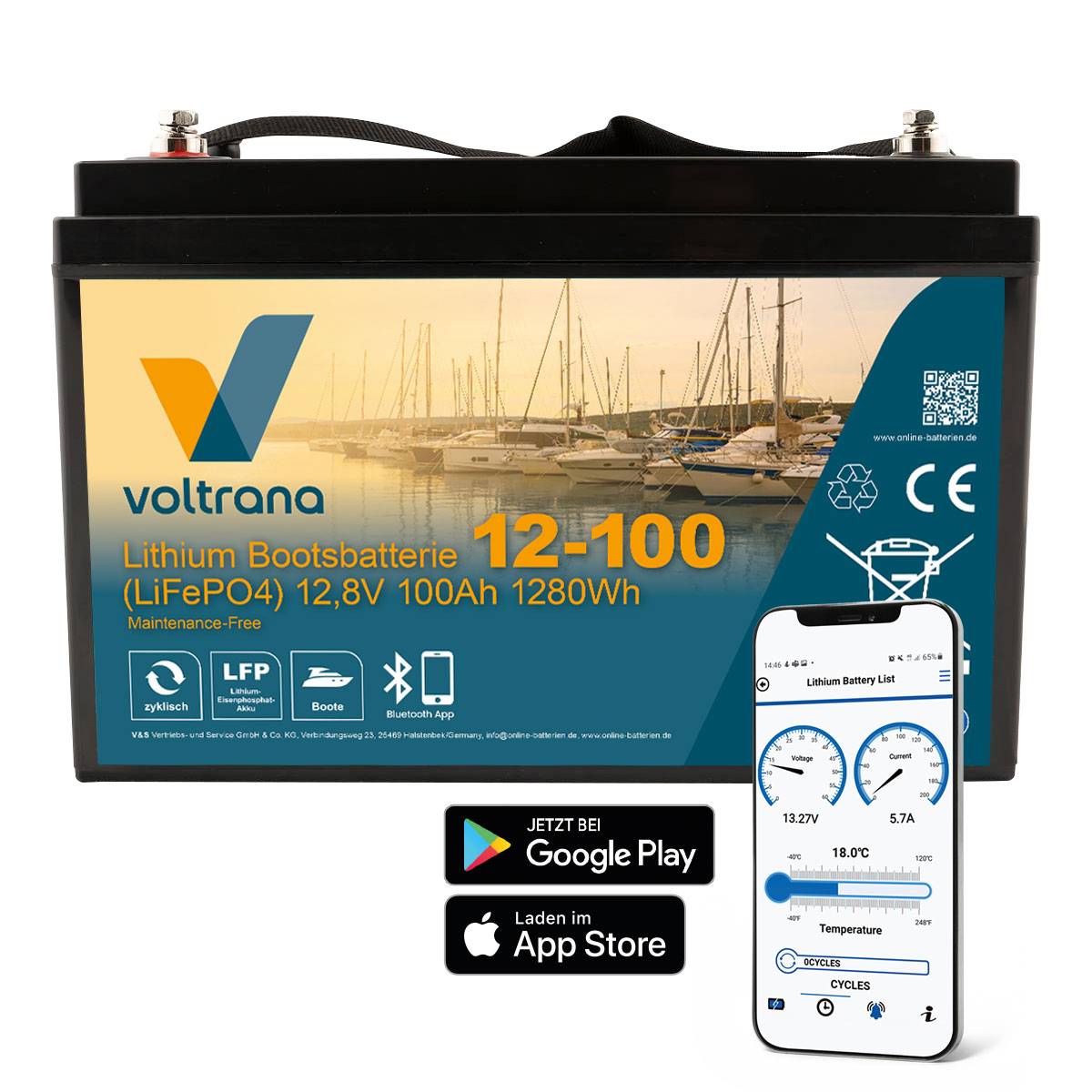 Lithium Bootsbatterie 12,8V 100Ah 1280Wh M8 mit Bluetooth & Heizung – Voltrana LiFePO4  Versorgungsbatterie