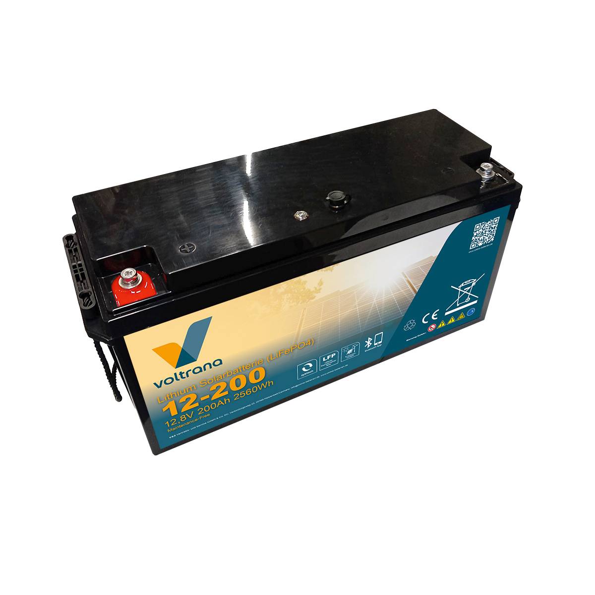 Lithium Solarbatterie 12,8V 200Ah 2560Wh M8 mit Bluetooth & Heizung – Voltrana LiFePO4  Versorgungsbatterie