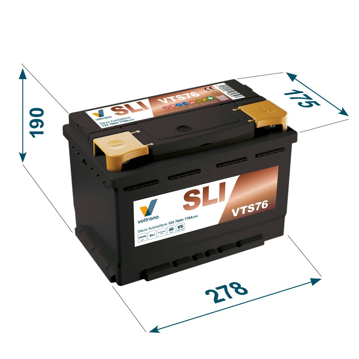 Voltrana Säure SLI Autobatterie 76Ah 12V 770A VTS76