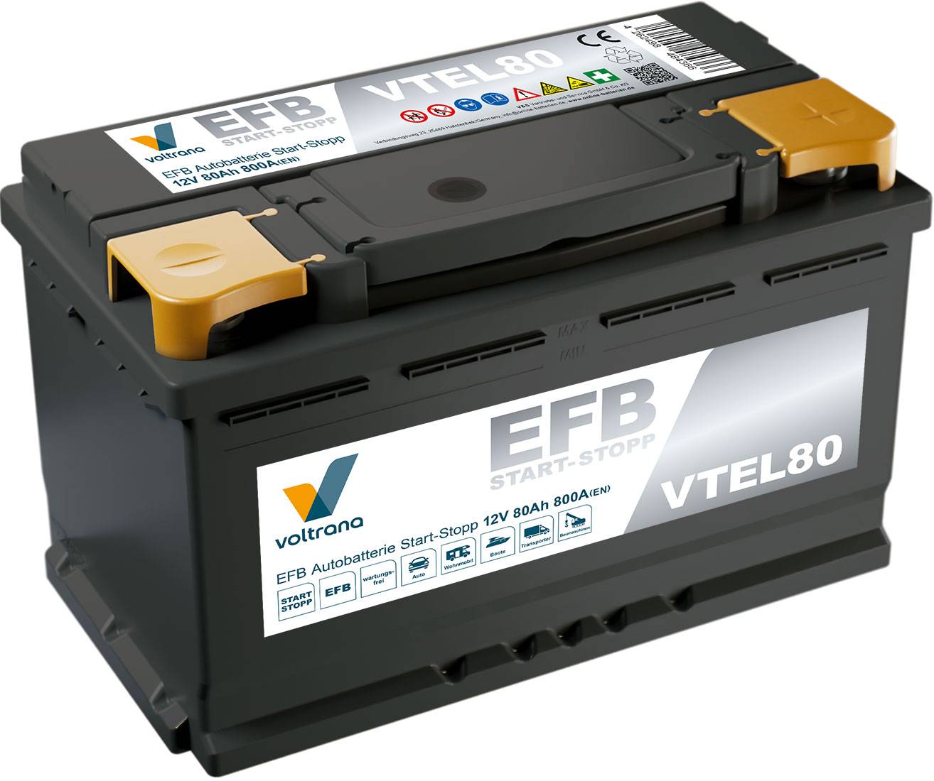 Voltrana EFB Autobatterie Start-Stopp 80Ah 12V 800A VTEL80