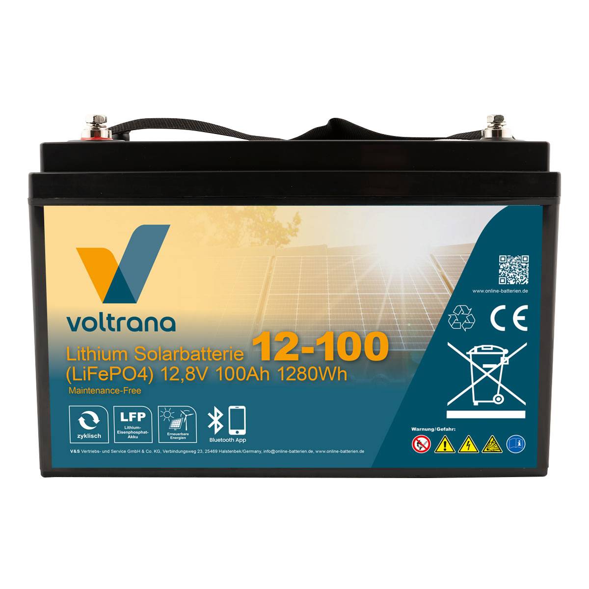Lithium Solarbatterie 12,8V 100Ah 1280Wh M8 mit Bluetooth & Heizung – Voltrana LiFePO4  Versorgungsbatterie