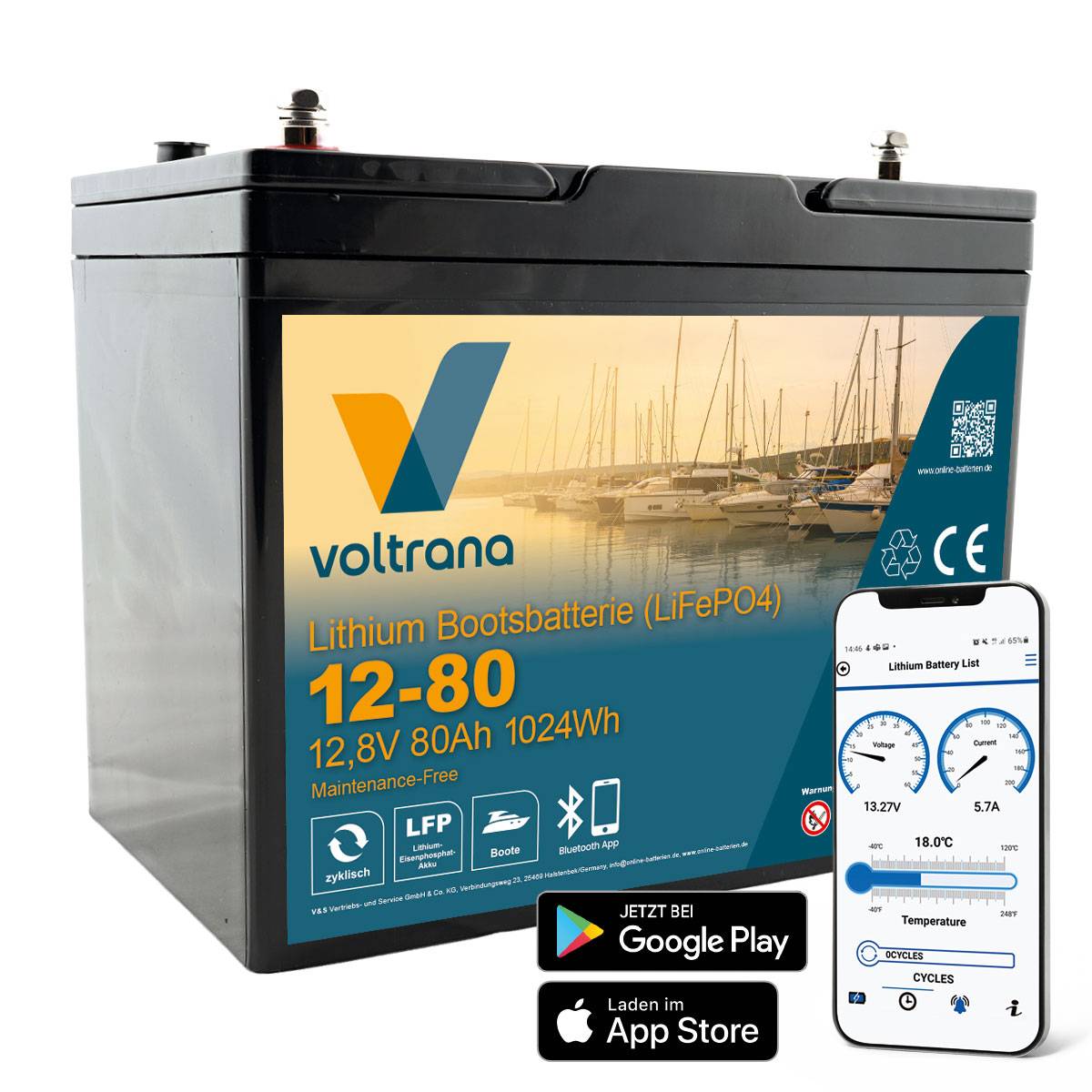 Lithium Bootsbatterie 12,8V 80Ah 1024Wh M8 mit Bluetooth – Voltrana LiFePO4 Versorgungsbatterie