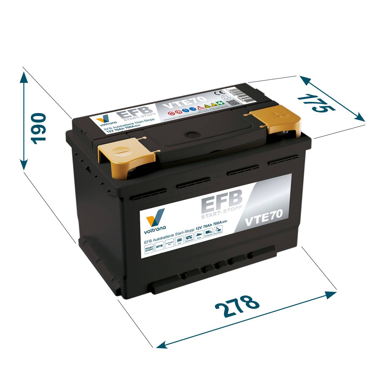 Voltrana EFB Autobatterie Start-Stopp 70Ah 12V 700A VTE70