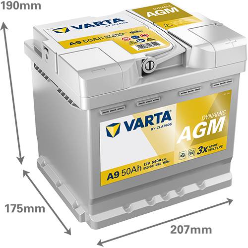VARTA A9 Dynamic AGM 12V 50Ah 540A Autobatterie Start-Stop 550 901 054