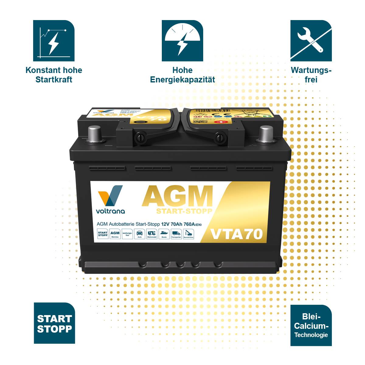Voltrana AGM Autobatterie Start-Stopp 70Ah 12V 760A VTA70