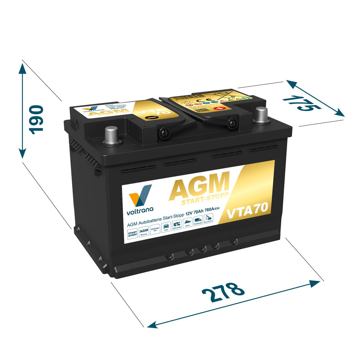 Voltrana AGM Autobatterie Start-Stopp 70Ah 12V 760A VTA70