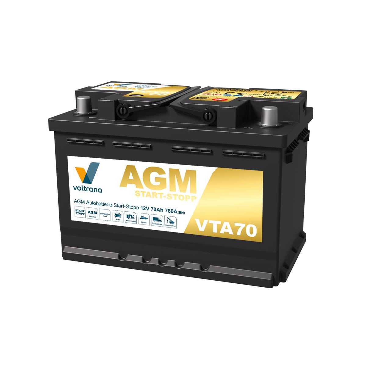 Voltrana AGM Autobatterie Start-Stopp 70Ah 12V 760A VTA70