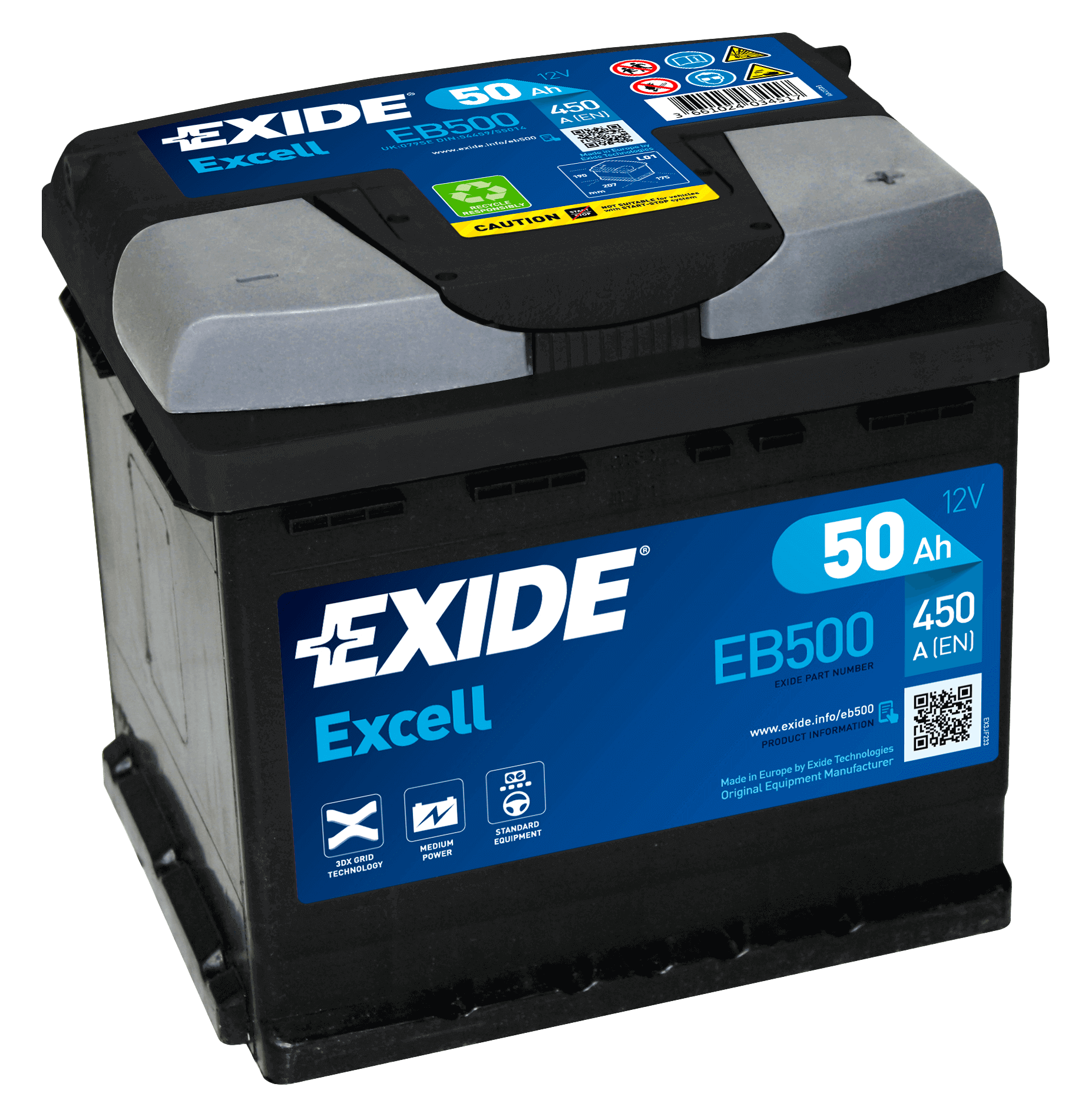 Exide EB500 Excell 12V 50Ah 450A Autobatterie