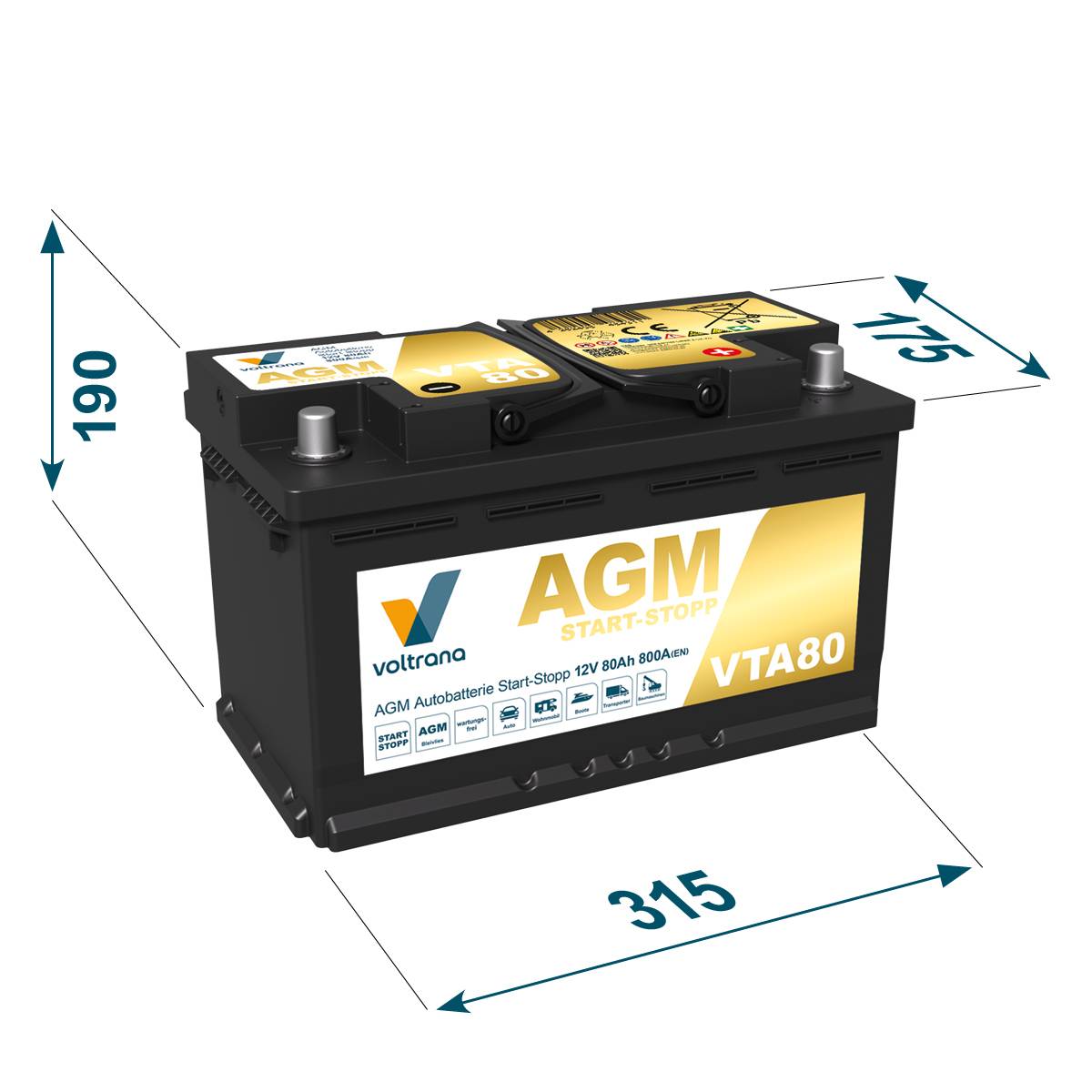 Voltrana AGM Autobatterie Start-Stopp 80Ah 12V 800A VTA80