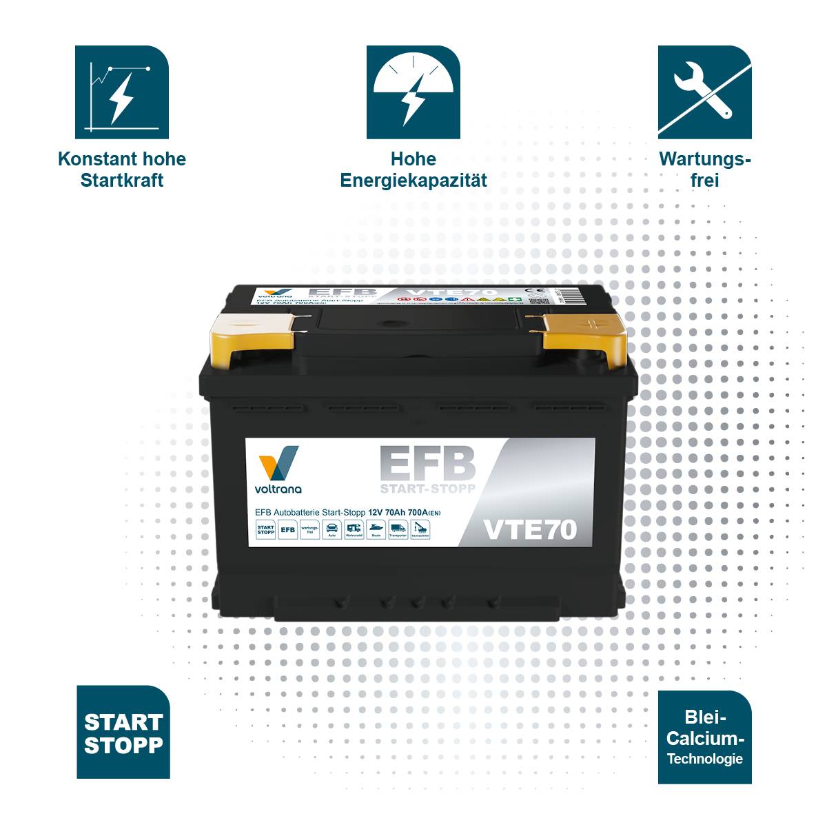 Voltrana EFB Autobatterie Start-Stopp 70Ah 12V 700A VTE70