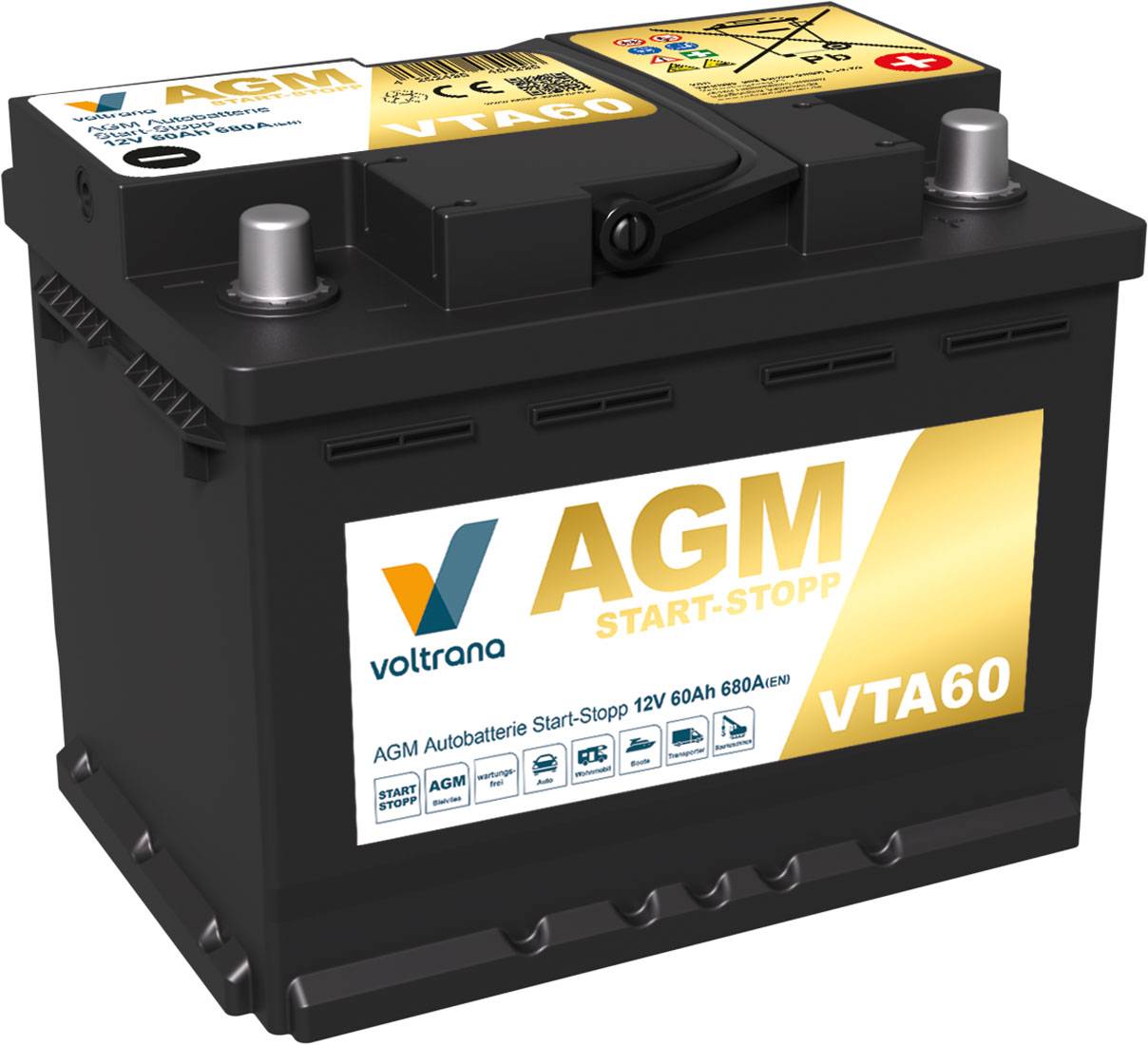 Voltrana AGM Autobatterie Start-Stopp 60Ah 12V 680A VTA60