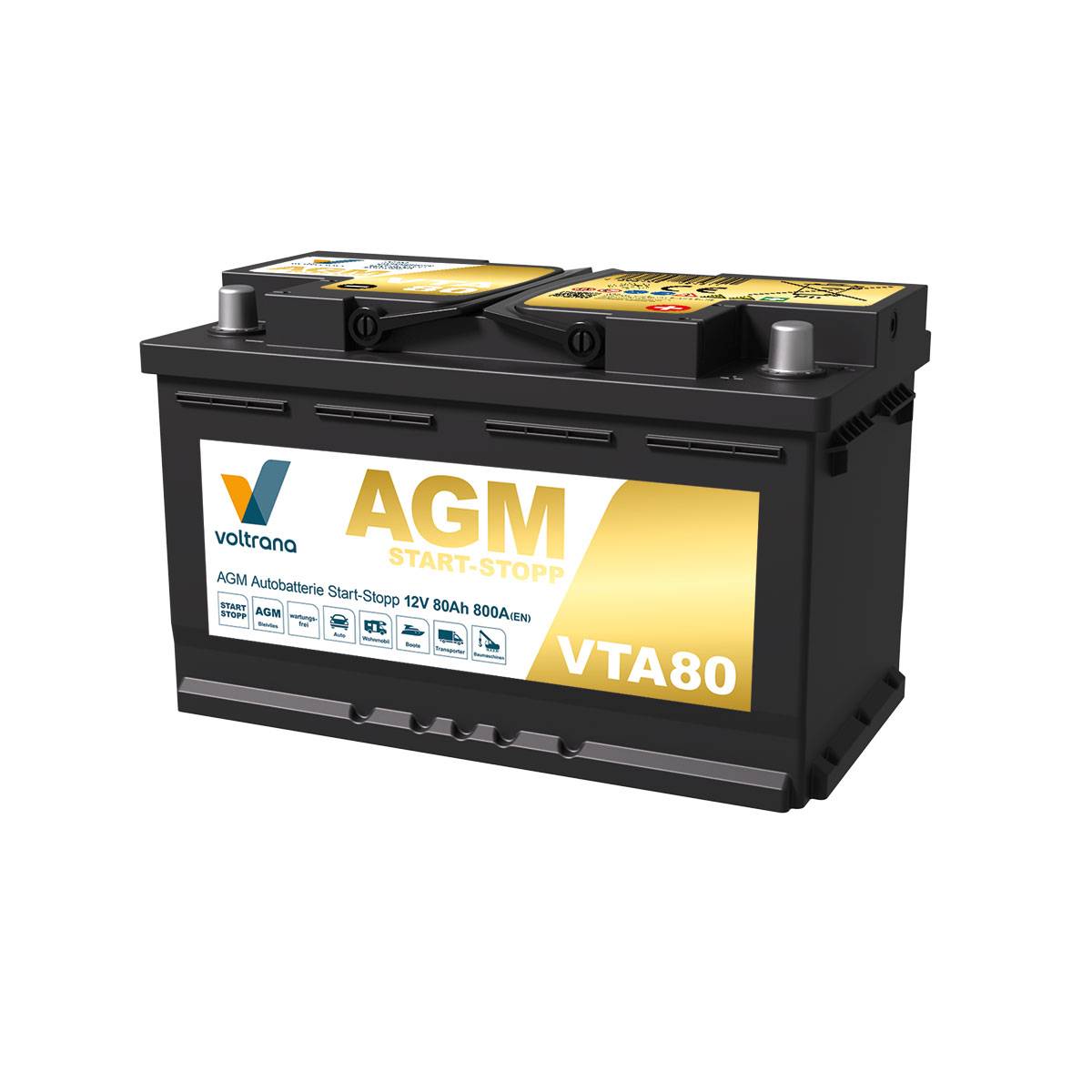 Voltrana AGM Autobatterie Start-Stopp 80Ah 12V 800A VTA80