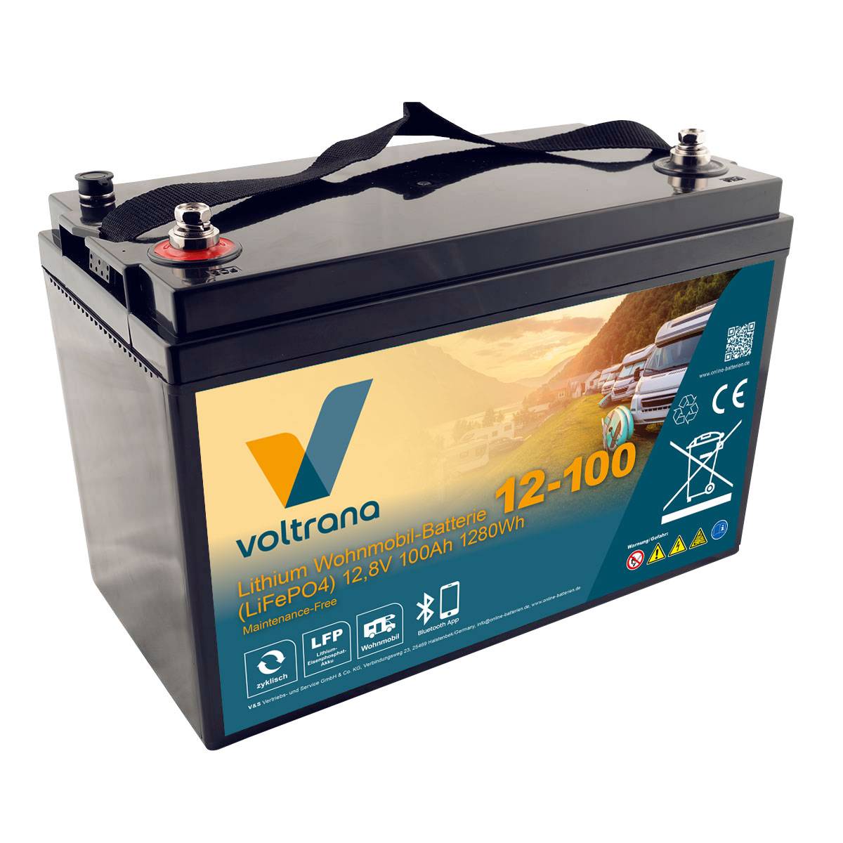 Lithium Wohnmobil-Batterie 12,8V 100Ah 1280Wh M8 mit Bluetooth & Heizung – Voltrana LiFePO4 Versorgungsbatterie