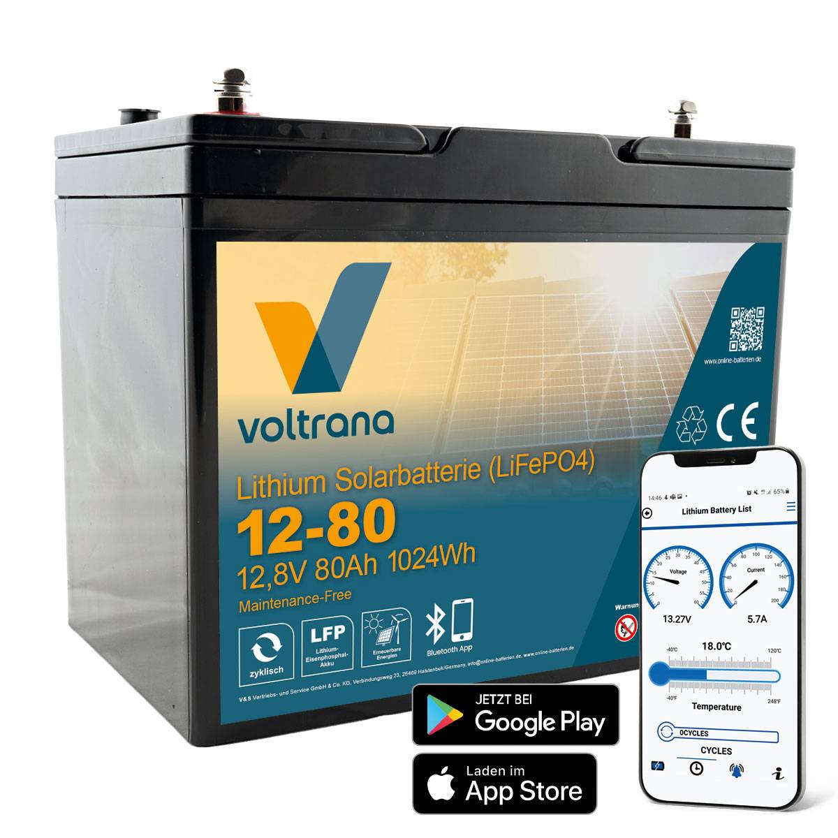 Lithium Solarbatterie 12,8V 80Ah 1024Wh M8 mit Bluetooth – Voltrana LiFePO4 Versorgungsbatterie