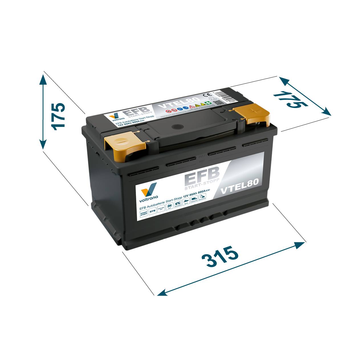 Voltrana EFB Autobatterie Start-Stopp 80Ah 12V 800A VTEL80