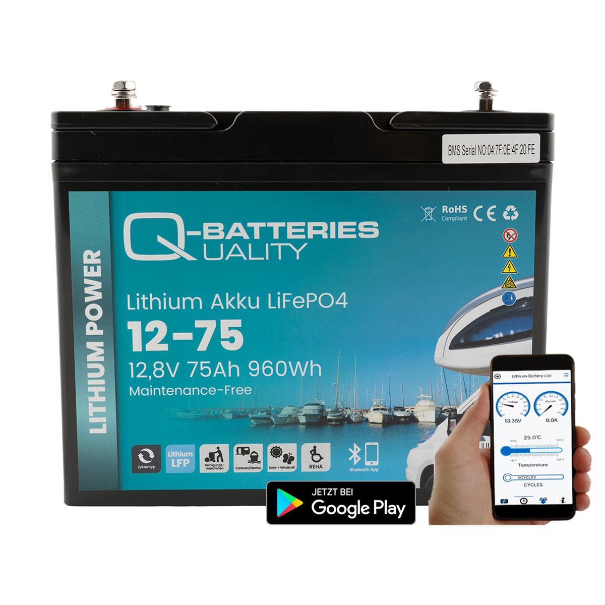 Q-Batteries Lithium Akku 12-75 12,8V 75Ah 960Wh LiFePO4 Batterie mit Victron Orion Ladegerät