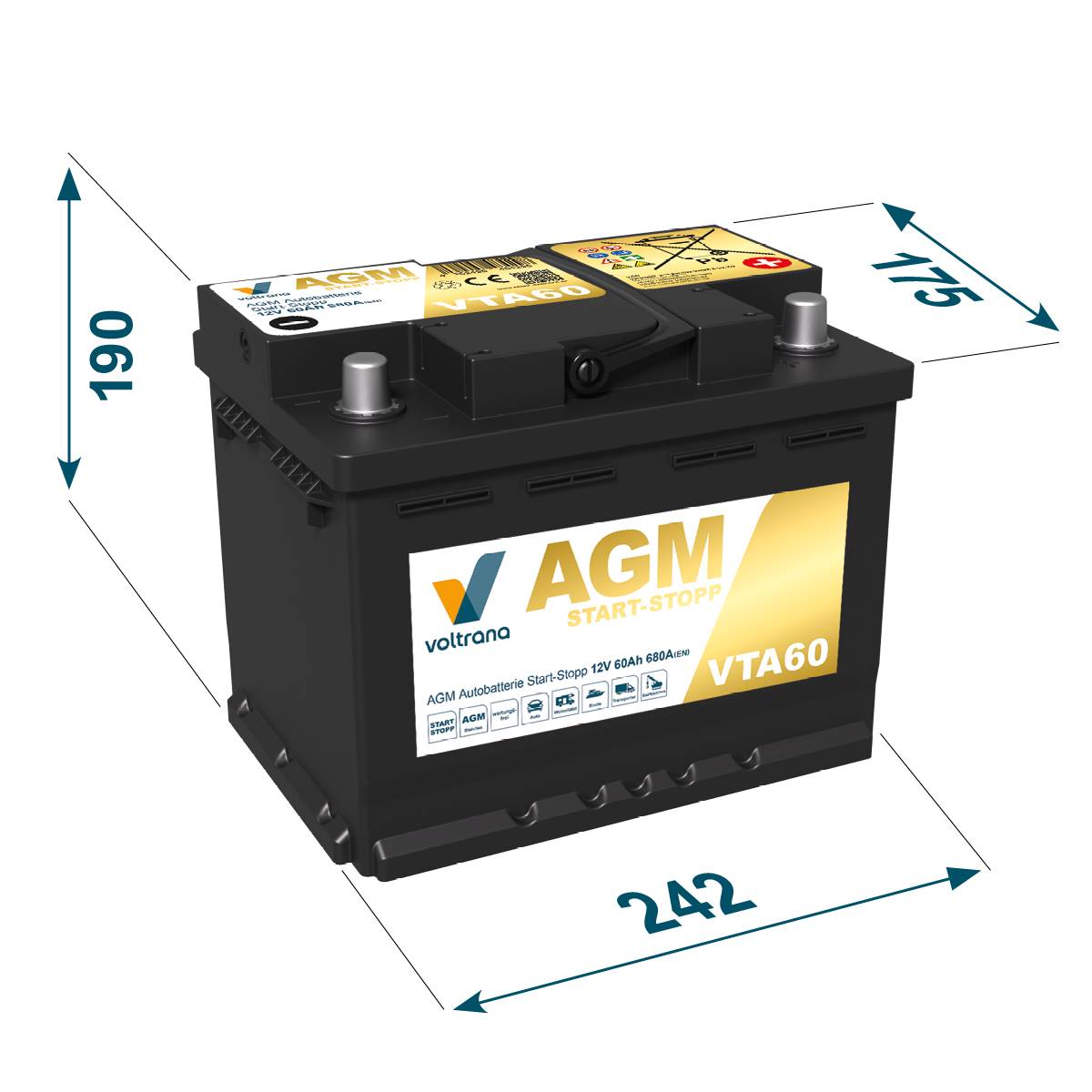 Voltrana AGM Autobatterie Start-Stopp 60Ah 12V 680A VTA60