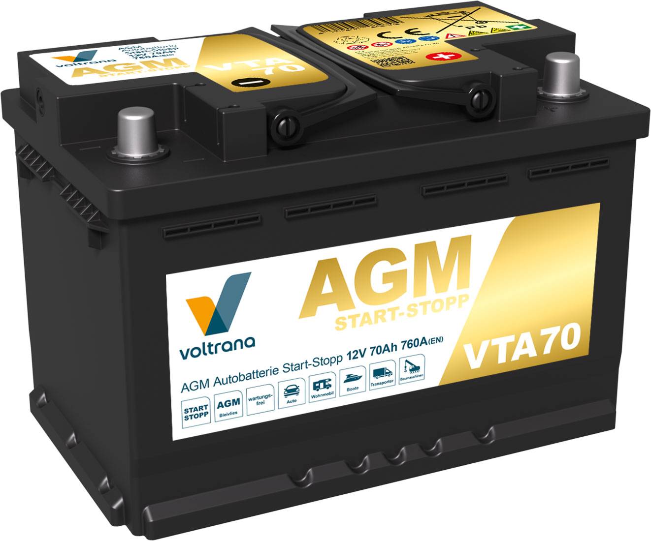 Voltrana AGM Autobatterie Start-Stopp 70Ah 12V 760A VTA70