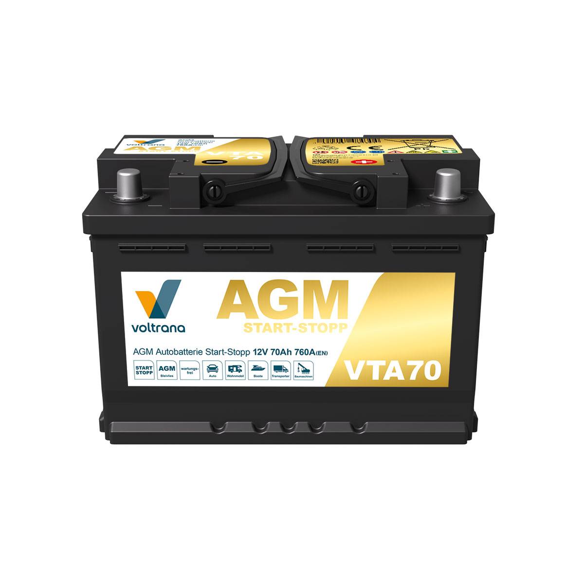 Voltrana AGM Autobatterie Start-Stopp 70Ah 12V 760A VTA70