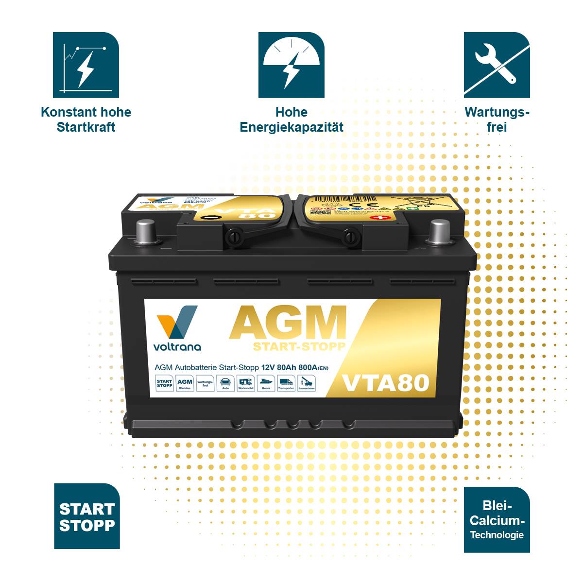 Voltrana AGM Autobatterie Start-Stopp 80Ah 12V 800A VTA80