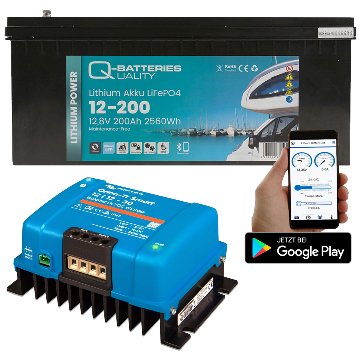 Q-Batteries LiFePO4 12,8V 200 Ah mit Victron Orion-Tr Smart 12/12-30A Ladebooster