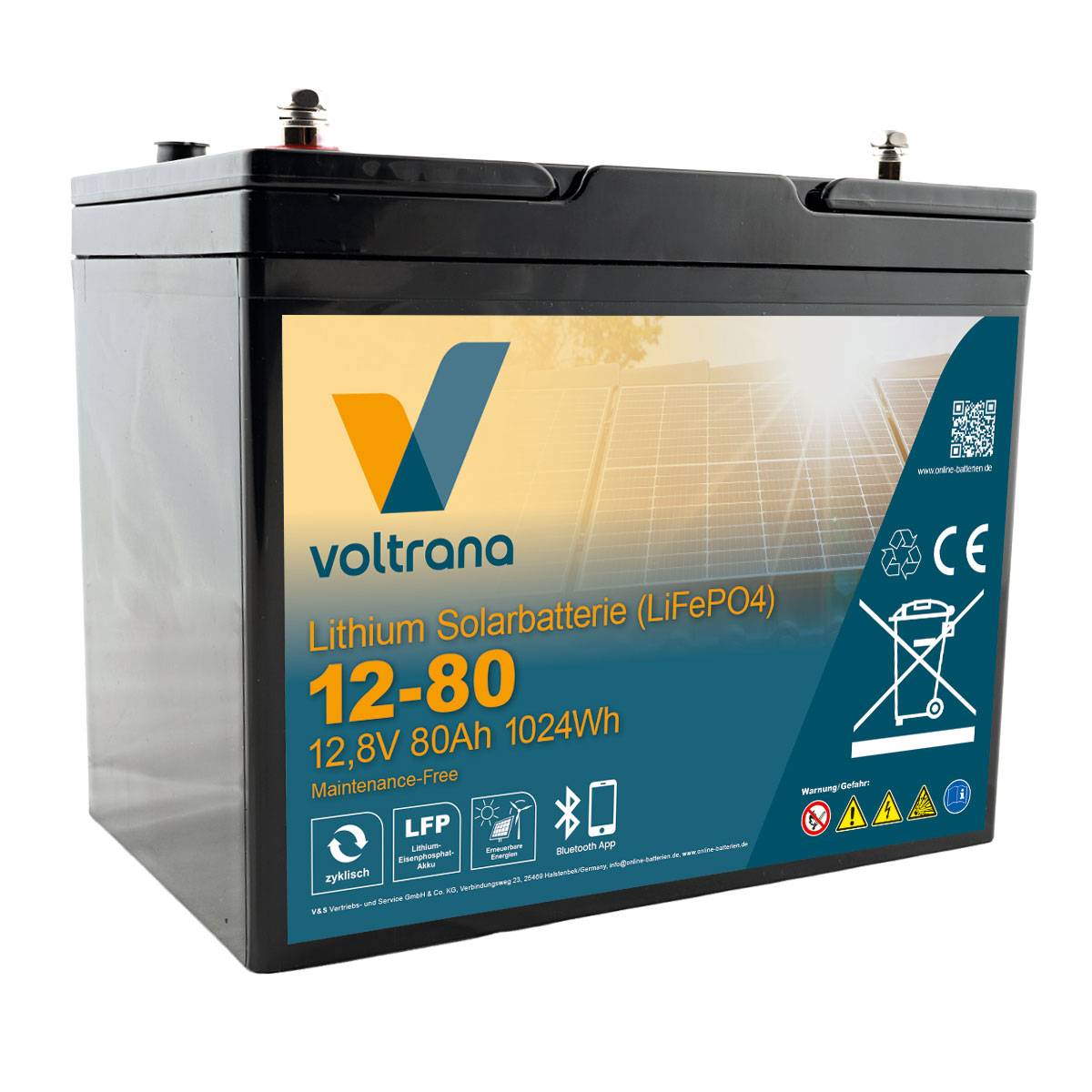 Lithium Solarbatterie 12,8V 80Ah 1024Wh M8 mit Bluetooth – Voltrana LiFePO4 Versorgungsbatterie