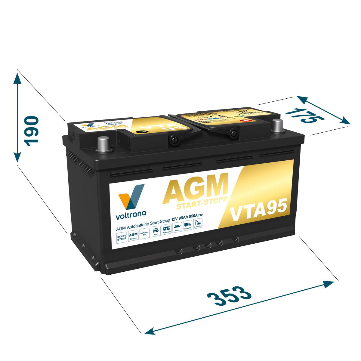 Voltrana AGM Autobatterie Start-Stopp 95Ah 12V 850A VTA95