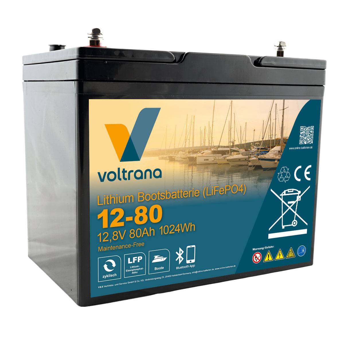 Lithium Bootsbatterie 12,8V 80Ah 1024Wh M8 mit Bluetooth – Voltrana LiFePO4 Versorgungsbatterie