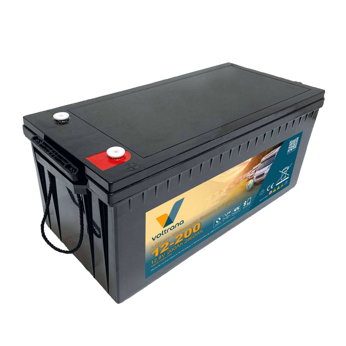 Lithium Wohnmobil-Batterie 12,8V 200Ah 2560Wh M8 mit Bluetooth & Heizung – Voltrana LiFePO4 Versorgungsbatterie
