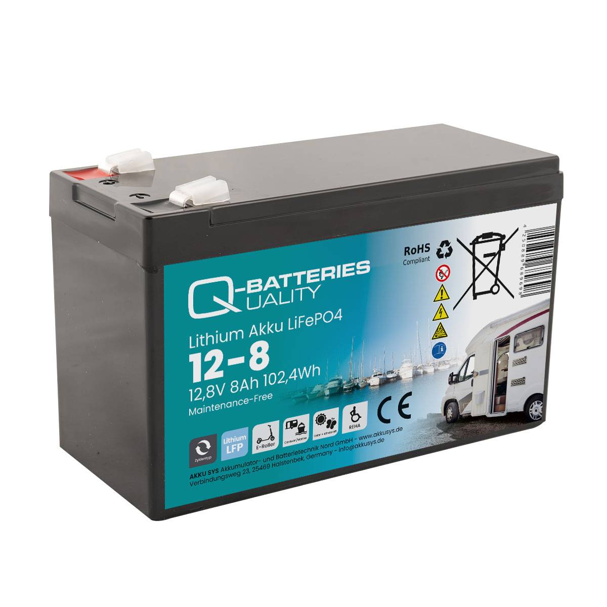 Q-Batteries Lithium Akku 12-8 12,8V 8Ah 102,4Wh LiFePO4 Batterie  