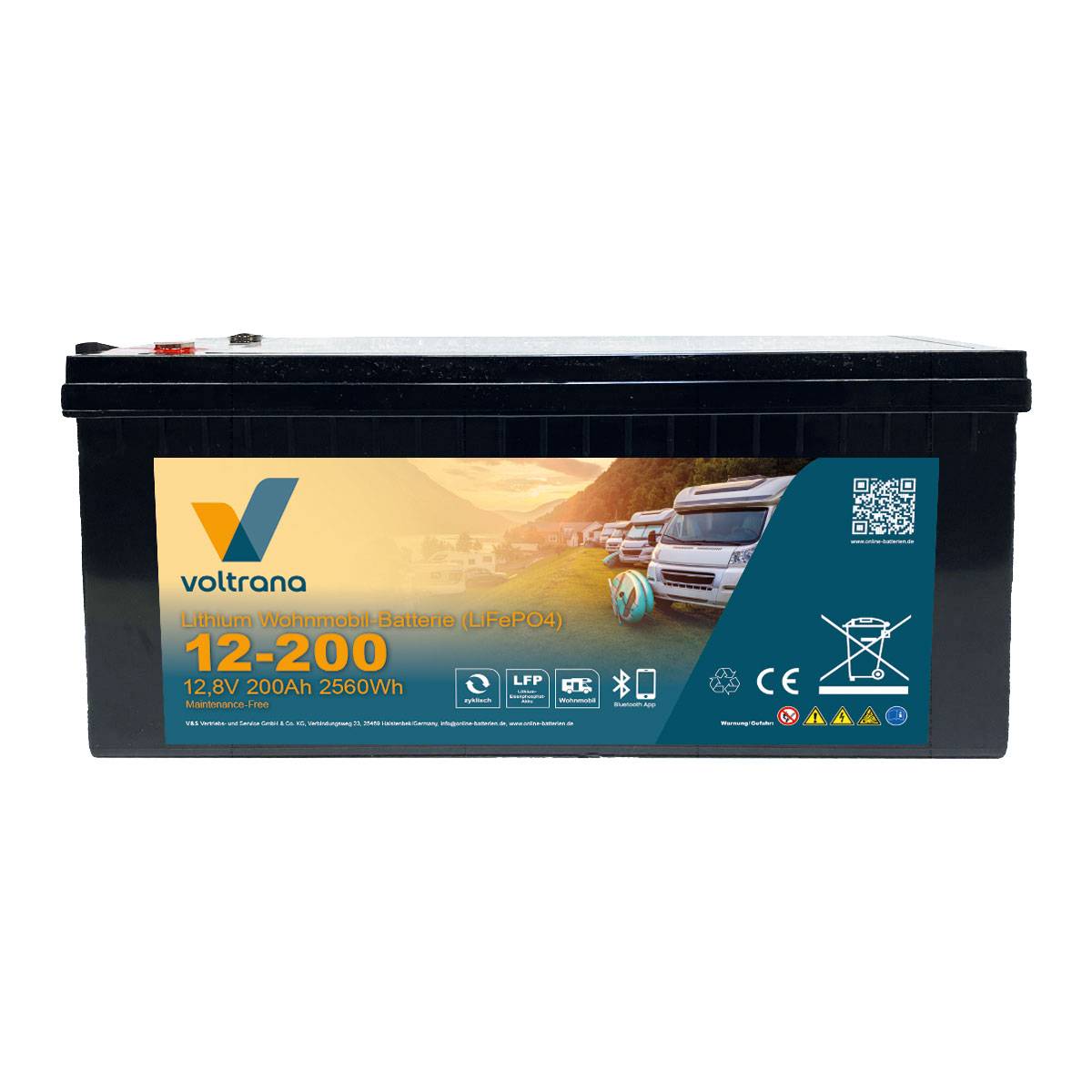 Lithium Wohnmobil-Batterie 12,8V 200Ah 2560Wh M8 mit Bluetooth & Heizung – Voltrana LiFePO4 Versorgungsbatterie