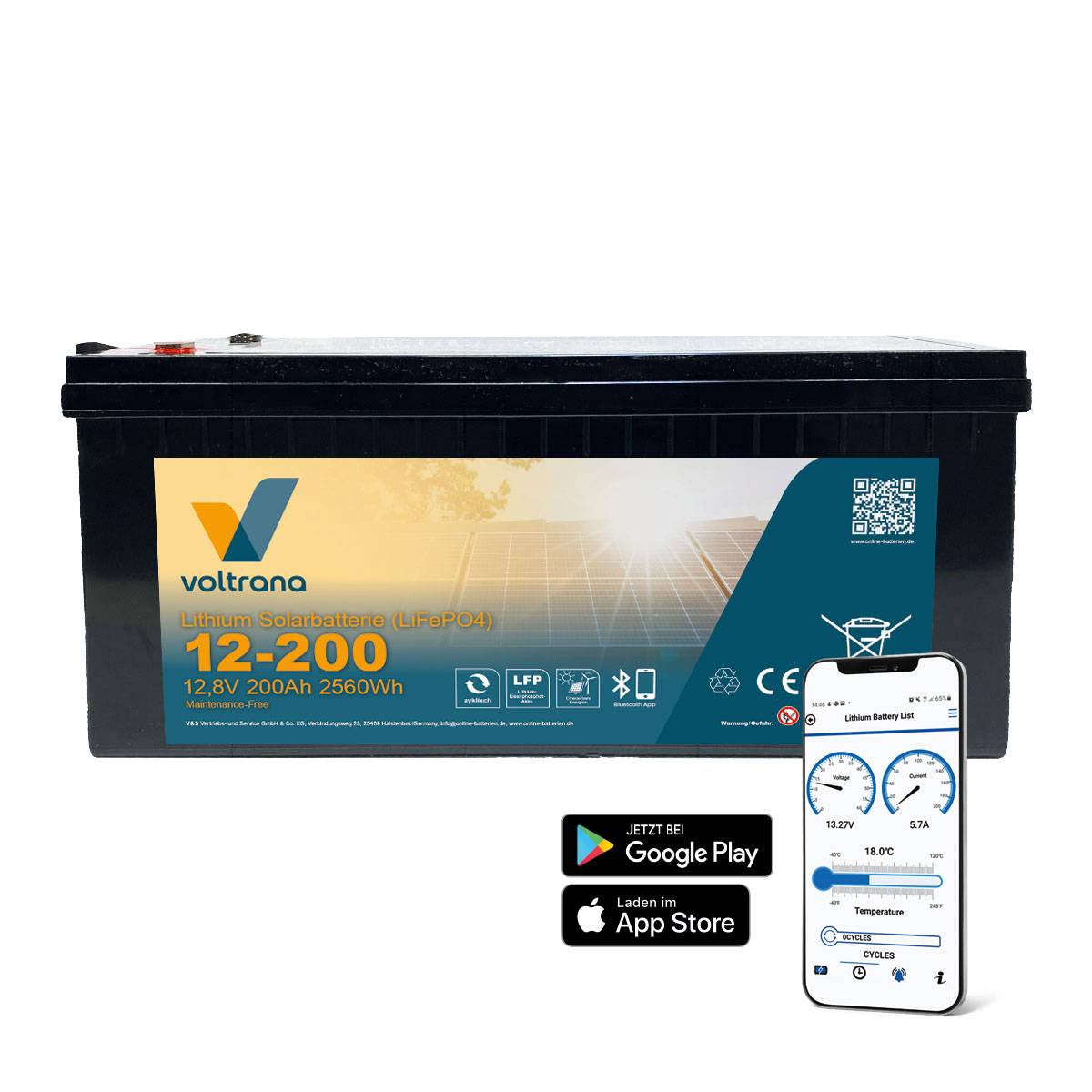 Lithium Solarbatterie 12,8V 200Ah 2560Wh M8 mit Bluetooth & Heizung – Voltrana LiFePO4  Versorgungsbatterie