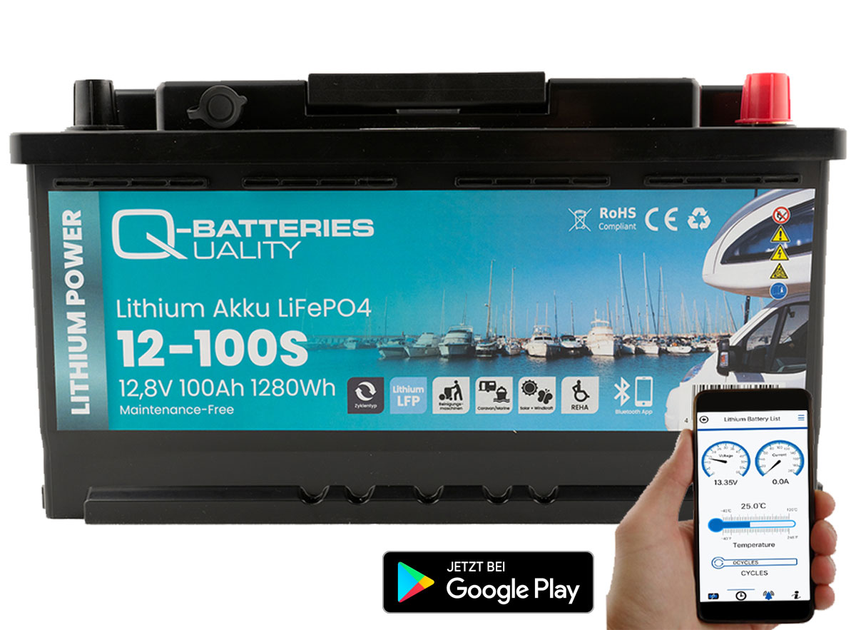 Q-Batteries Lithium Akku 12-100S 12,8V 100Ah 1280Wh LiFePO4 Batterie mit Bluetooth